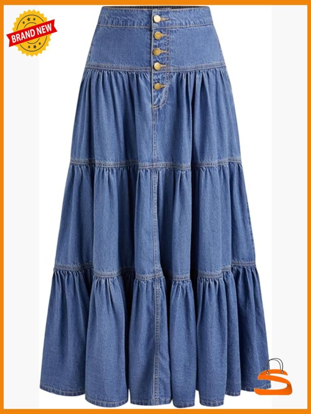 Long Jean Denim Tiered Button Down High Waisted Maxi Skirt